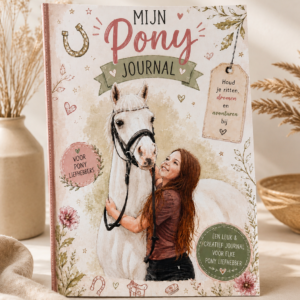 Voorkant van Mijn Pony Journal, een fysiek invulboek voor kinderen met lesverslagen, doelen en ponyherinneringen.
